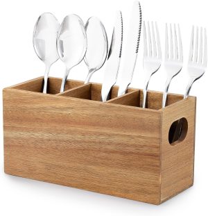 Acacia Wooden Utensil Caddy, 3 Compartments